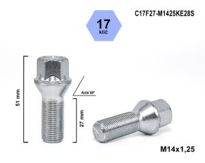 Kolový šroub M14x1,25x27 kuželový, klíč 17, C17F27-M1425KE28S, výška 51 mm
