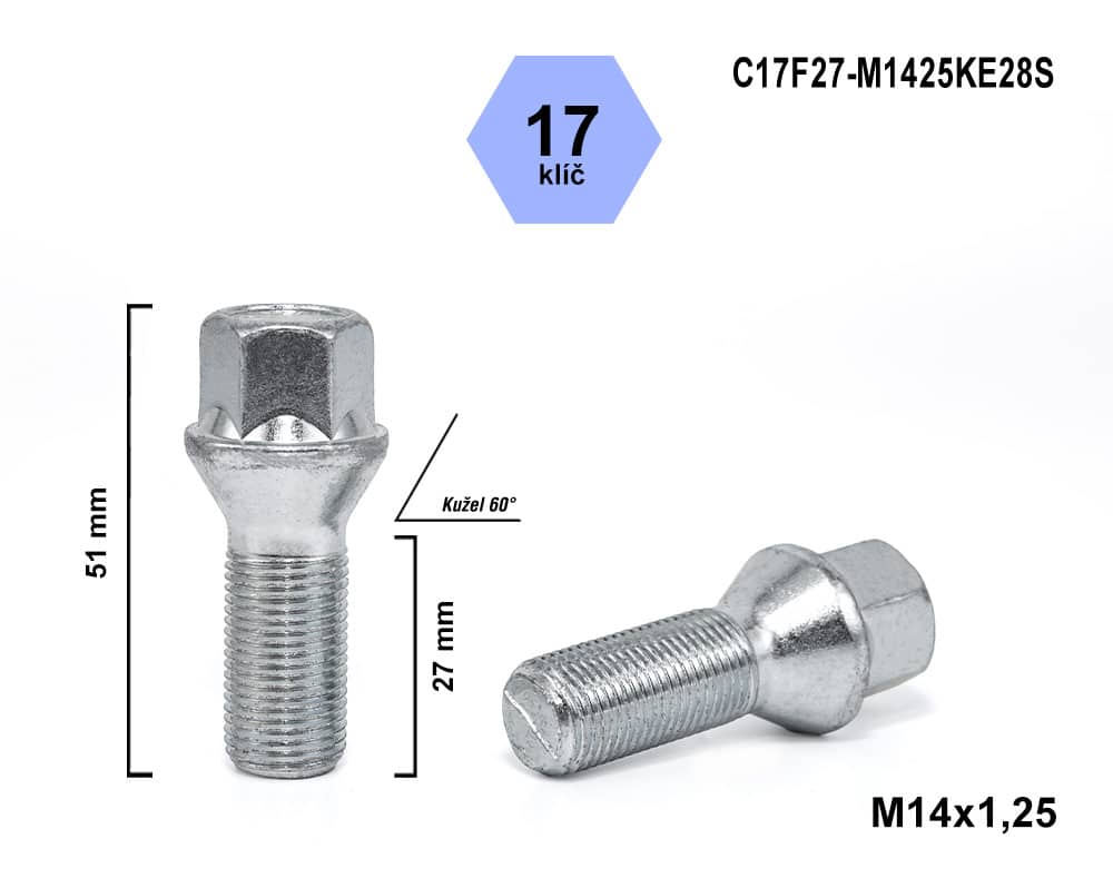 Kolový šroub M14x1,25x27 kuželový, klíč 17, C17F27-M1425KE28S, výška 51 mm