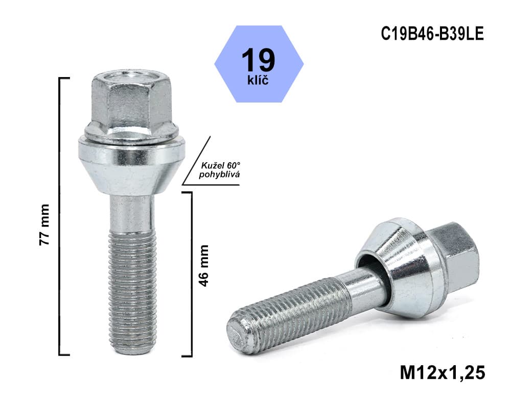 Kolový šroub M12x1,25x46 plovoucí kužel, klíč 19, B39LE/55, výška 77,5 mm