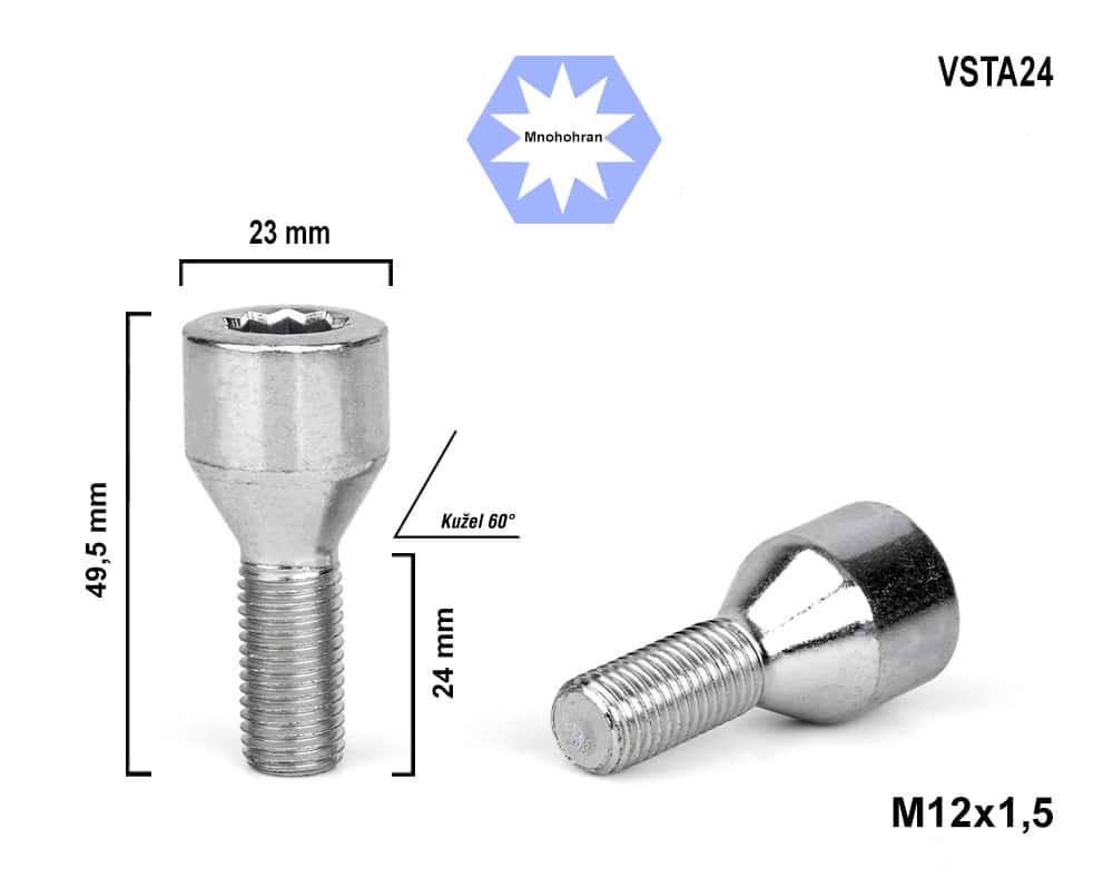 Kolový šroub M12x1,5x24 kužel s vnitřním mnohohranem VSTA24, průměr hlavy 23mm, výška 49,5 mm