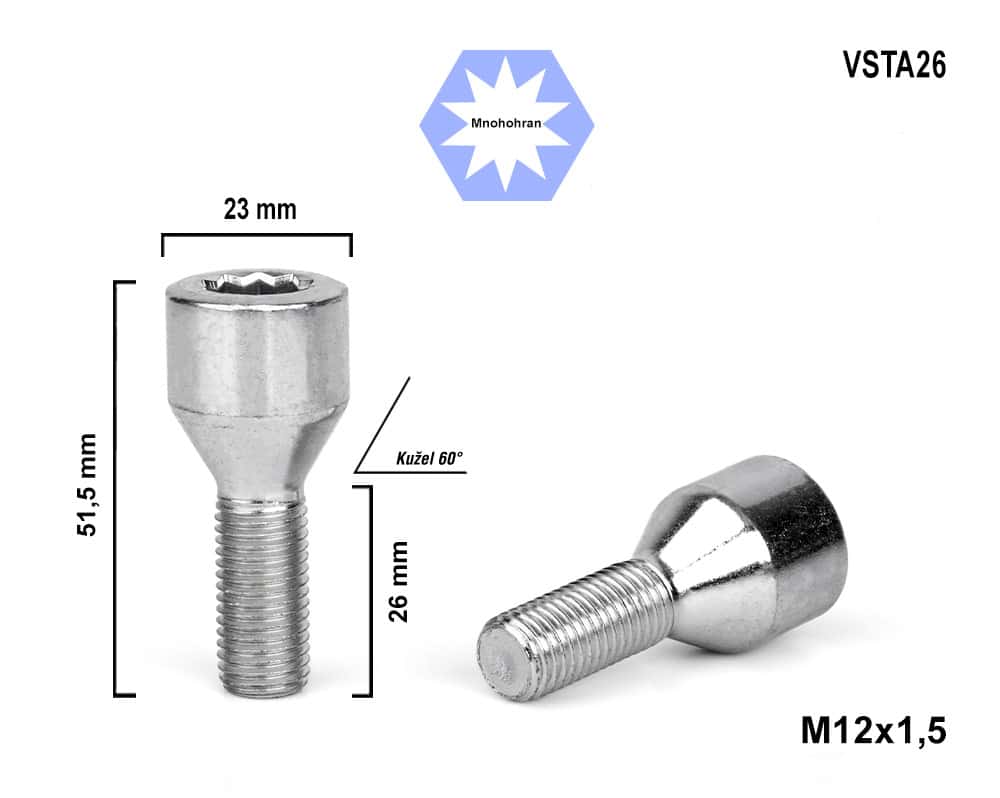 Kolový šroub M12x1,5x26 kužel s vnitřním mnohohranem, VSTA26, průměr hlavy 23 mm, výška 51,5