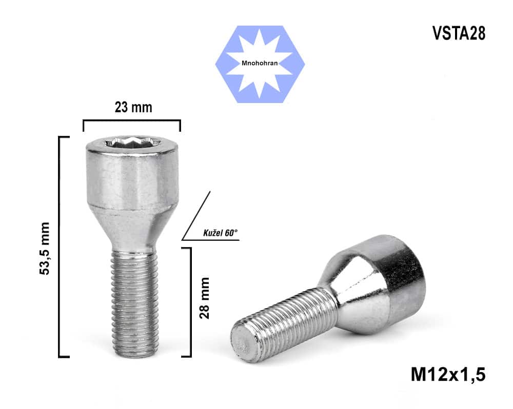 Kolový šroub M12x1,5x28 kužel s vnitřním mnohohranem VSTA28, průměr hlavy 23mm, výška 53,5 mm