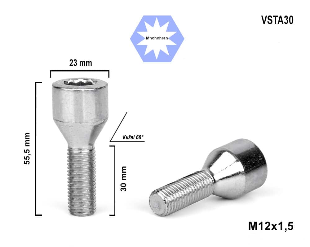 Kolový šroub M12x1,5x30 kužel s vnitřním mnohohranem VSTA30, průměr hlavy 23mm, výška 55,5 mm