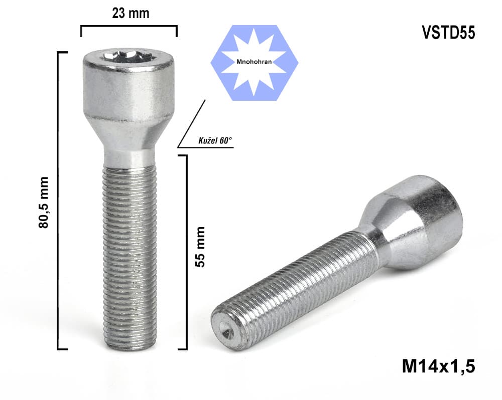Kolový šroub M14x1,5x55 kužel s vnitřním mnohohranem, VSTD55, průměr 23mm, výška 80,5