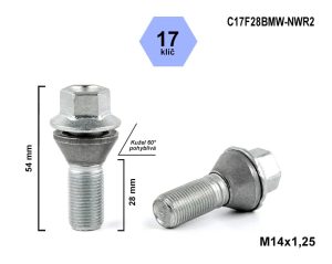 Kolový šroub M14x1,25x28 kužel pohyblivý, klíč 17, C17F28BMW-NWR2, výška 54 mm