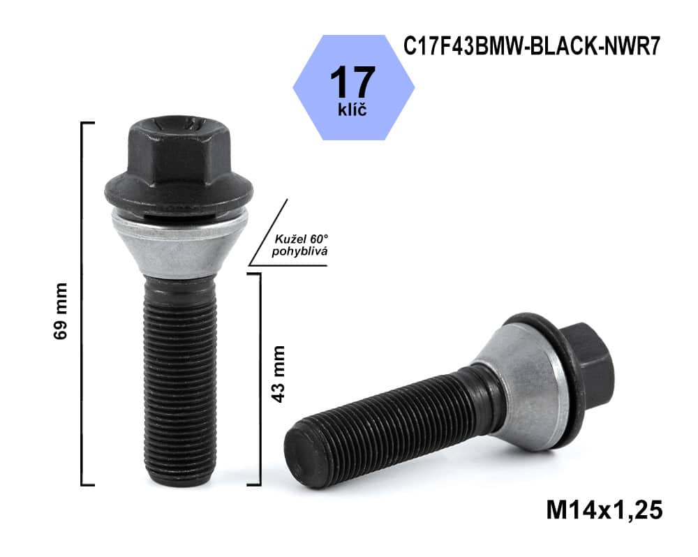 Kolový šroub M14x1,25x43 kužel pohyblivý černý, klíč 17, C17F43BMW-BLACK-NWR7, výška 69 mm