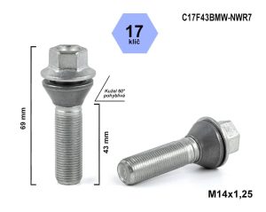 Kolový šroub M14x1,25x43 kužel pohyblivý, klíč 17, C17F43BMW-NWR7, výška 69 mm