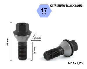 Kolový šroub M14x1,25x28 kužel pohyblivý, klíč 17, C17F28BMW-BLACK-NWR2, výška 54 mm