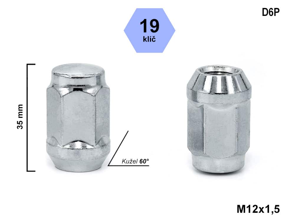 Kolová matice M12x1,5 kužel zavřená, klíč 19, D6P, výška 35 mm