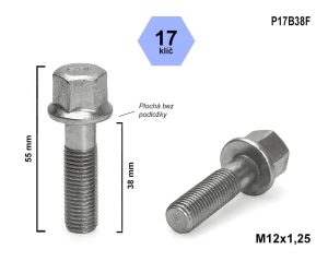 Kolový šroub M12x1,25x38 rovná dosedací plocha, klíč 17, P17B38, výška 55 mm