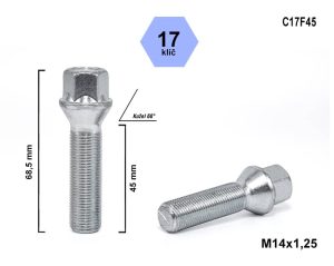 Kolový šroub M14x1,25x45 kuželový, klíč 17, C17F45, výška 68,5 mm