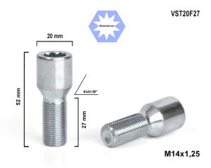 Kolový šroub M14x1,25x27 kuželový s vnitřním mnohohranem, VST20F27 průměr hlavy 20mm, výška 52