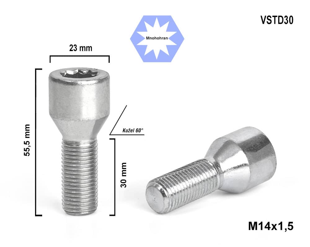 Kolový šroub M14x1,5x30 kužel s vnitřním mnohohranem, VSTD30, průměr 23mm, výška 55,5 mm