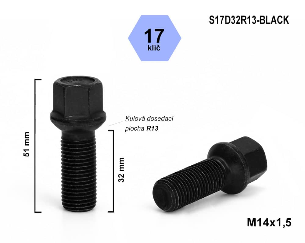 Kolový šroub M14x1,5x32 koule R13, klíč 17, S17D32R13-BLACK, černý, výška 51 mm