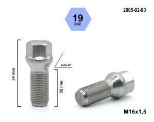 Kolový šroub M16x1,5x32 kužel, klíč 19, 2005-02-B99, výška 54 mm