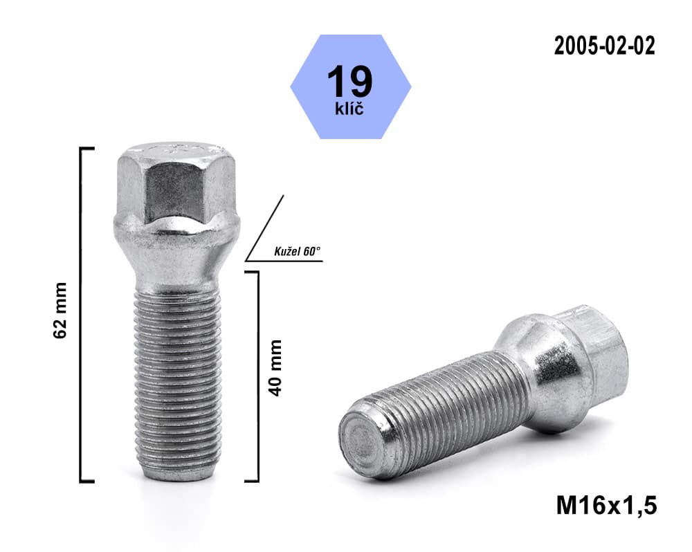 Kolový šroub M16x1,5x40 kužel, klíč 19, 2005-02-B100, výška 62 mm