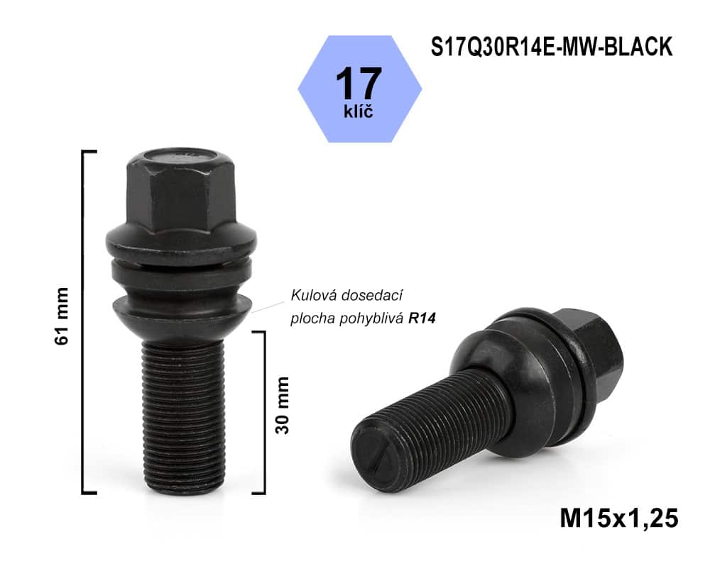 Kolový šroub M15x1,25×30 koule R14 pohyblivá, klíč 17, S17D30R14E-MW-BLACK