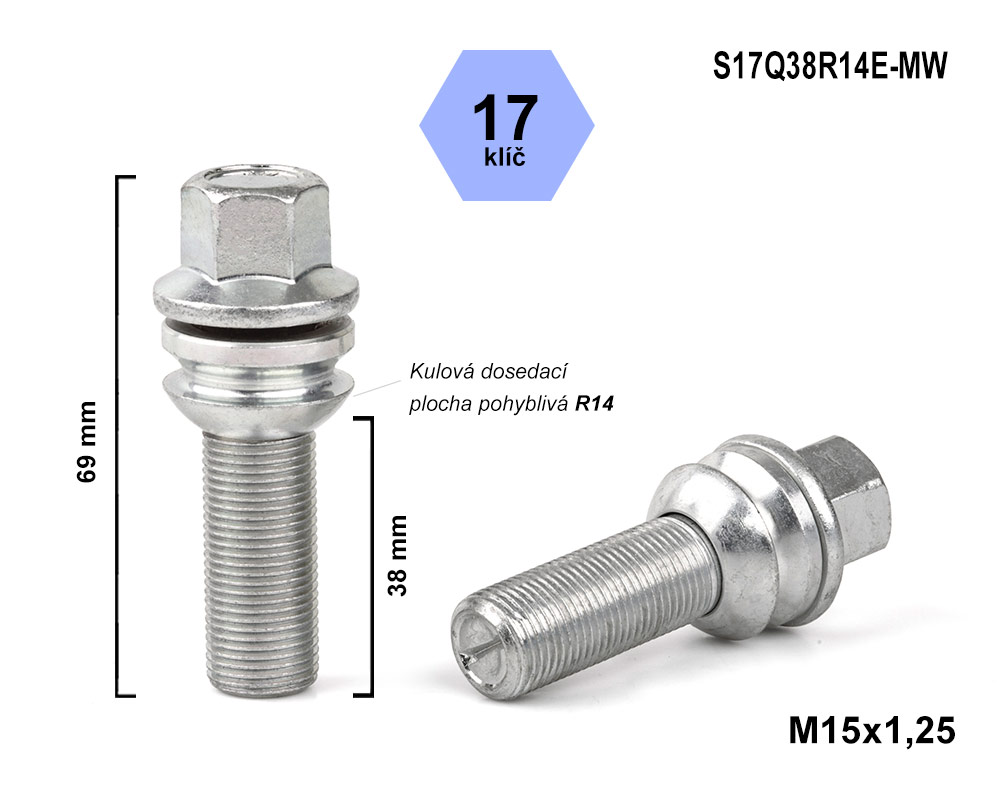 Kolový šroub M15x1,25×38 koule R14 pohyblivá plocha