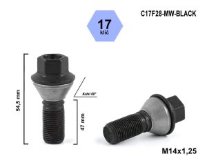 Kolový šroub M14x1,25x28 kužel pohyblivý, klíč 17, NR1/S BLK, C17F28-BMW, výška 54,5 mm