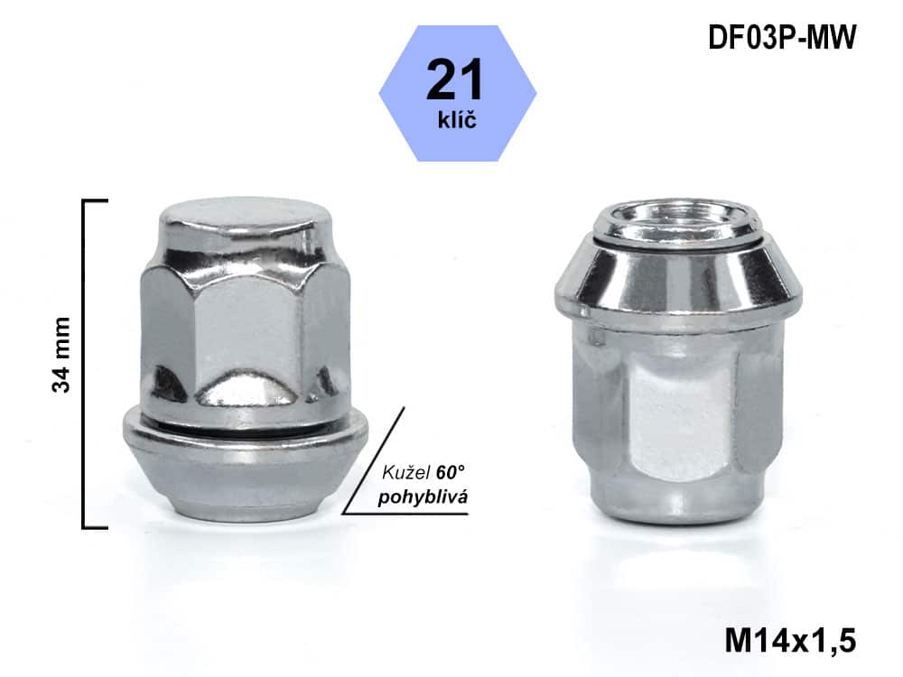 Kolová matice M14x1,5 kužel pohyblivá, klíč 21, DF03P-MW uzavřená, výška 35 mm