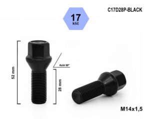 Kolový šroub M14x1,5x28 kužel, klíč 17, C17D28P-BLACK, výška 52 mm