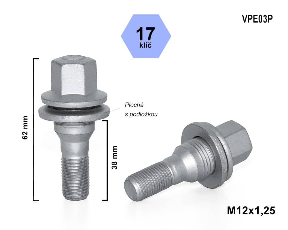 Kolový šroub M12x1,25x38, VPE03-38P, plochá podložka, CITROËN, PEUGEOT, klíč 17, výška 62 mm