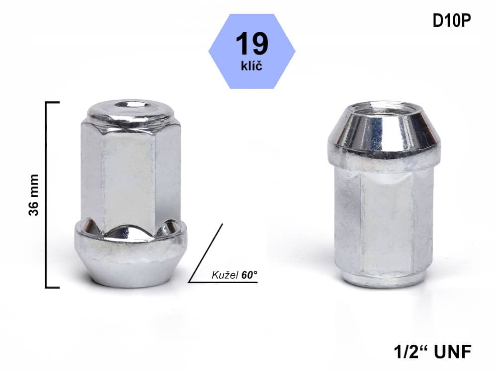 Kolová matice 1/2" 20 UNF, kužel zavřená, klíč 19 mm, D10P, výška 36 mm
