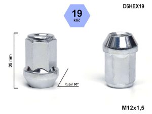 Kolová matice M12x1,5 kužel zavřená, klíč 19, D6HEX19, výška 36 mm