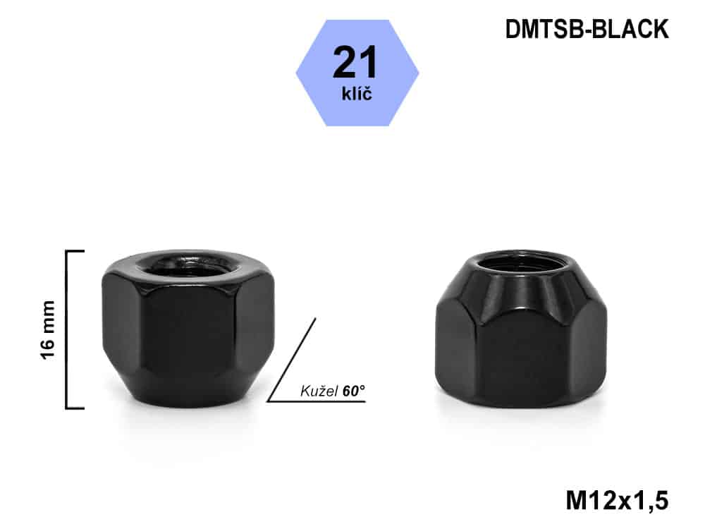 Kolová matice M12x1,5 kužel otevřená, černá, klíč 21, DMTSB-BLACK, výška 16 mm