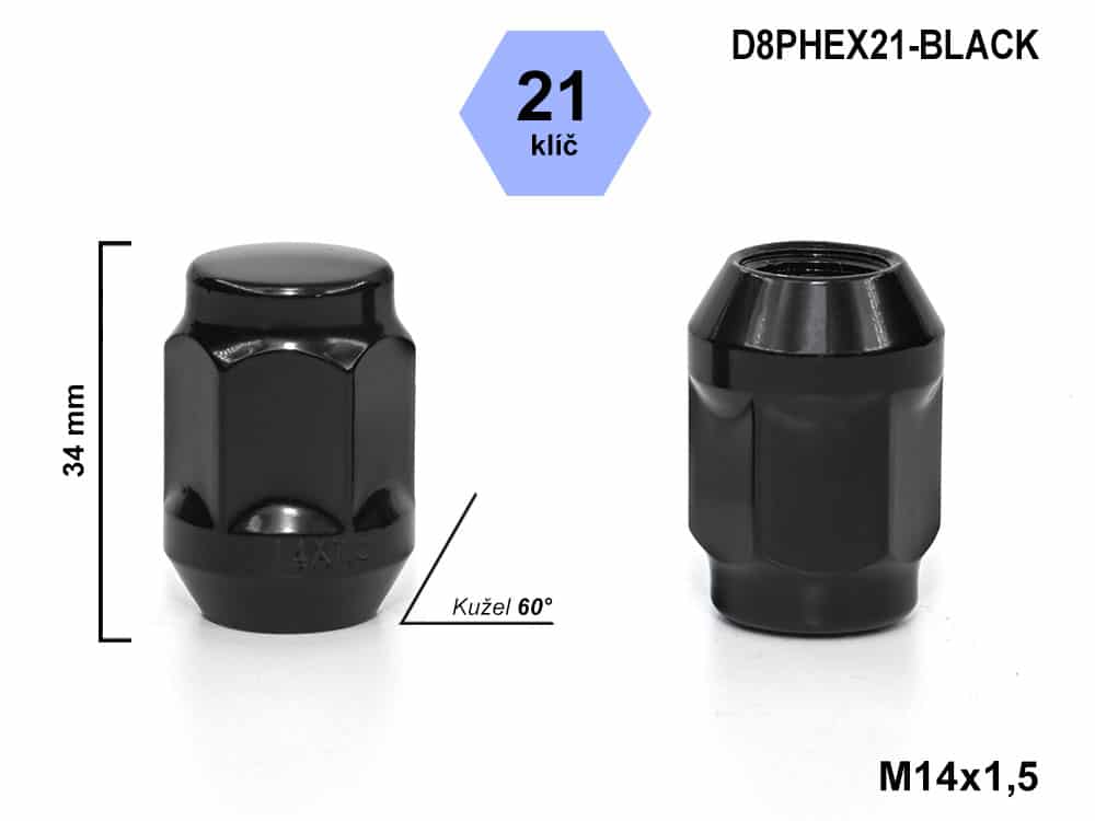 Kolová matice M14x1,5 kužel, zavřená, klíč 21, D8PHEX21-BLACK, výška 34 mm