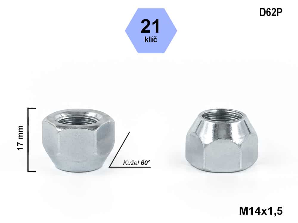 Kolová matice M14x1,5 kužel, otevřená, klíč 21, D62P, výška 17 mm