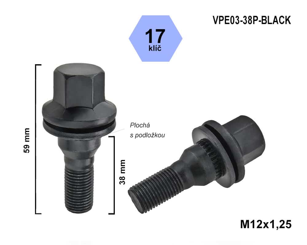 Kolový šroub M12x1,25x38, VPE03-38P-BLACK, plochá podložka, CITROËN, FIAT, PEUGEOT, černý, klíč 17, výška 59 mm