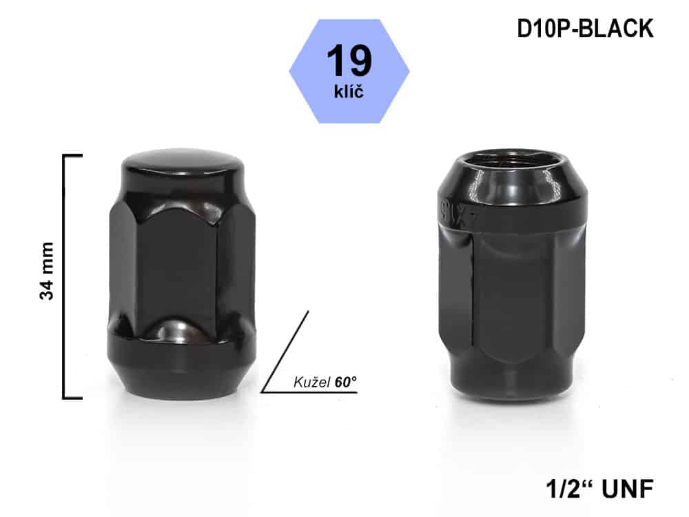 Kolová matice 1/2" 20 UNF, kužel zavřená, klíč 19 mm, D10P-BLACK, výška 34 mm