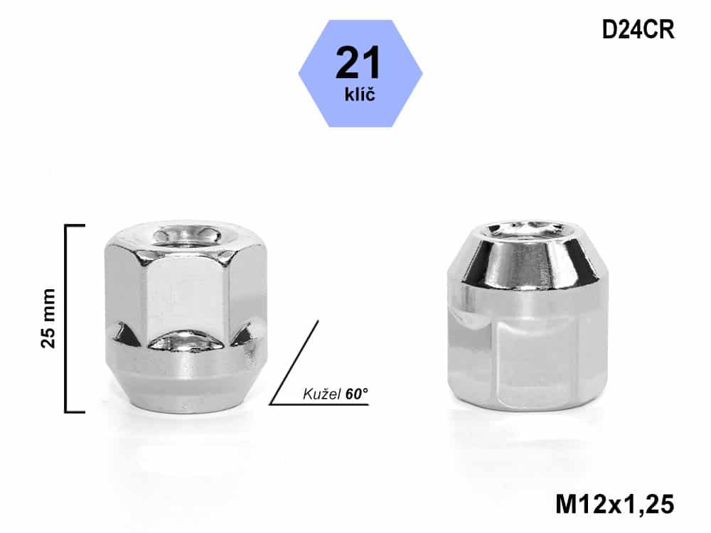 Kolová matice M12x1,25 kužel, otevřená, klíč 21, D24CR, chrom, výška 25 mm
