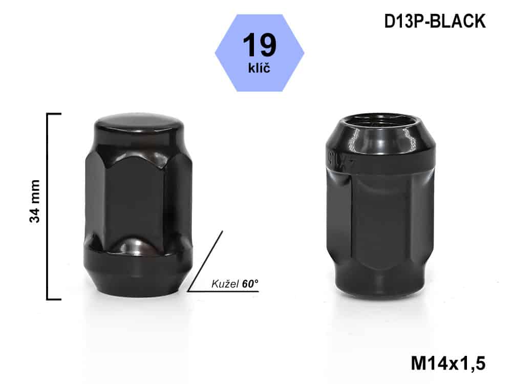 Kolová matice M14x1,5 kužel zavřená, klíč 19, D13P-BLACK, výška 34mm