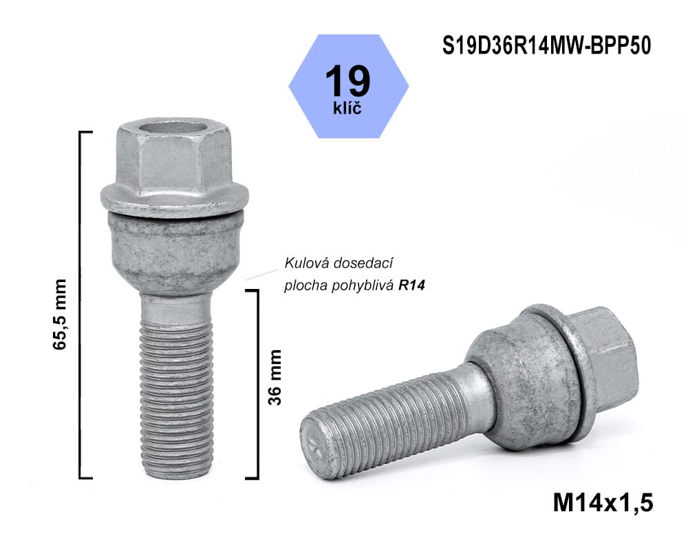 Kolový šroub M14x1,5x36 kulový R14 pohyblivá plocha, S19D36R14MW-BPP50, klíč 19, výška 65,5 mm