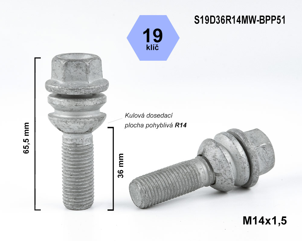 Kolový šroub M14x1,5x36 kulový R14 pohyblivá plocha, S19D36R14MW-BPP51, klíč 19, výška 65,5 mm