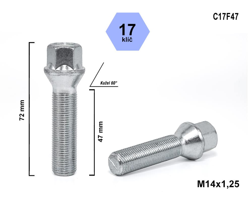 Kolový šroub M14x1,25x47, kuželový, klíč 17, C17F47, výška 72 mm