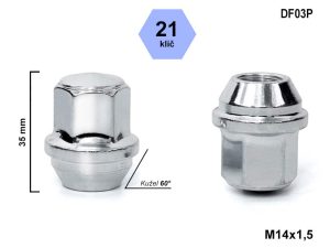 Kolová matice M14x1,5 Ford, kužel, klíč 21, DF03P, uzavřená, výška 35 mm