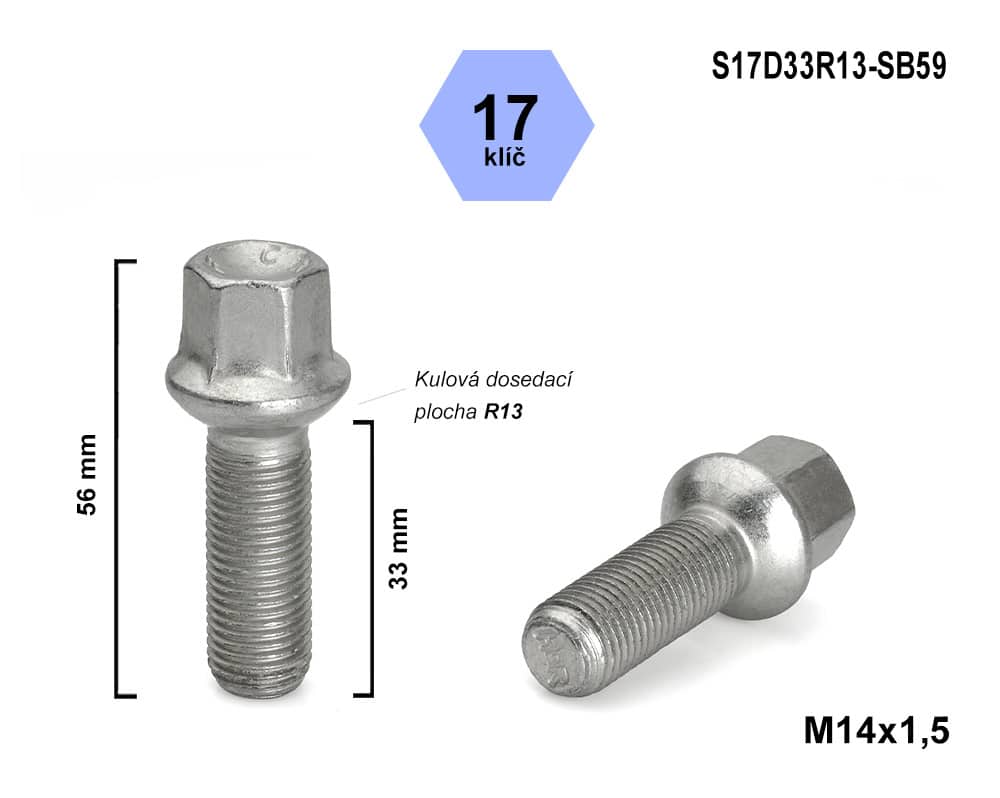 Kolový šroub M14x1,5x33 kulový R13, klíč 17, S17D33R13-SB59, výška 56 mm