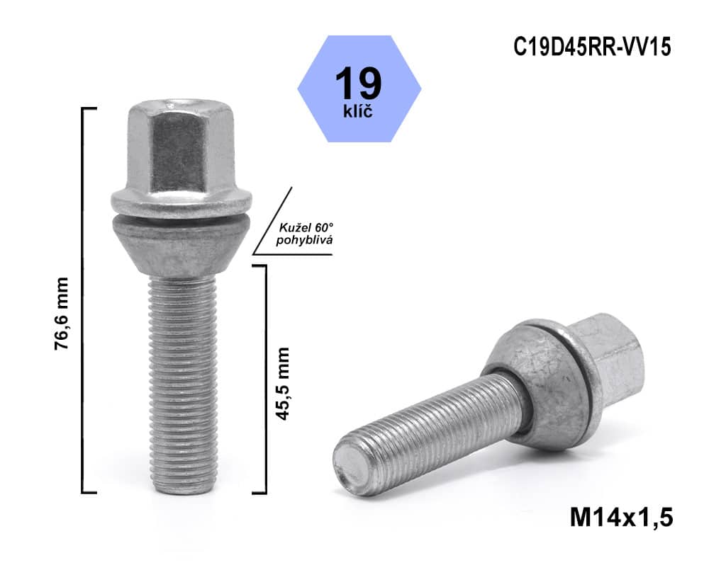 Kolový šroub M14x1,5x45,5 kužel pohyblivý, klíč 19, C19D45RR-VV15, výška 76,6 mm