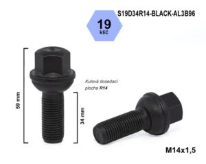 Kolový šroub M14x1,5x34 kulový R14, klíč 19, S19D34R14-BLACK-AL3B96, výška 59 mm, černý