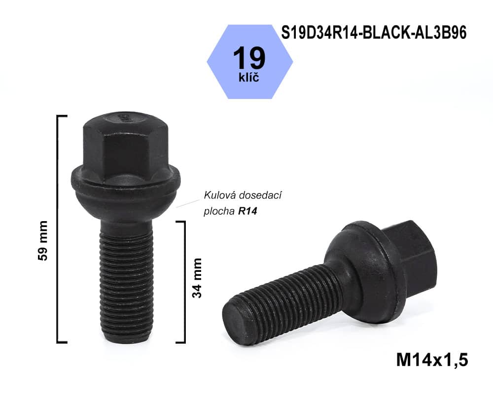 Kolový šroub M14x1,5x34 kulový R14, klíč 19, S19D34R14-BLACK-AL3B96, výška 59 mm, černý