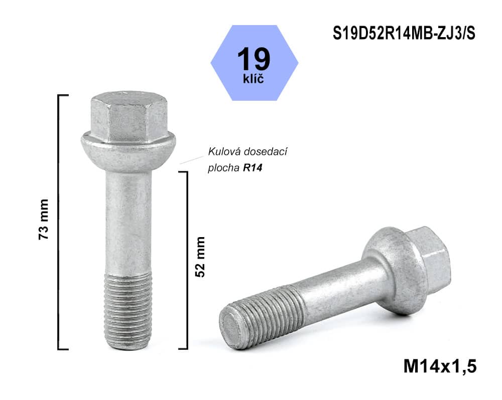Kolový šroub M14x1,5x52 kulová R14, klíč 19, S19D52R14MB-ZJ3/S, výška 73 mm
