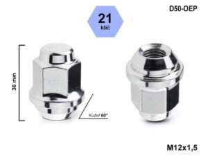 Kolová matice M12x1,5 kužel, MAZDA, HYUNDAI, KIA, klíč 21, D50-OEP výška 36 mm