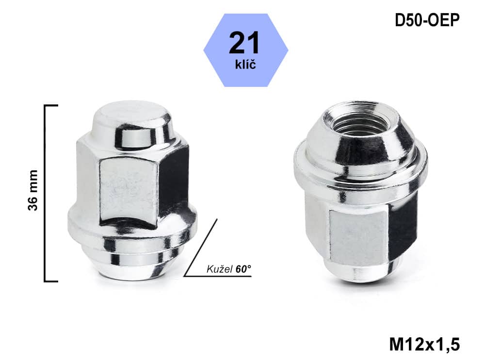 Kolová matice M12x1,5 kužel, MAZDA, HYUNDAI, KIA, klíč 21, D50-OEP výška 36 mm