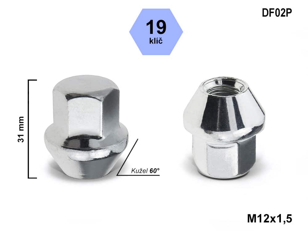 Kolová matice M12x1,5 kužel uzavřená, klíč 19, výška 32 mm, DF02P