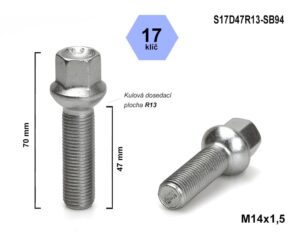 Kolový šroub M14x1,5x47 kulový R13, klíč 17, S17D47R13-SB94, výška 70 mm