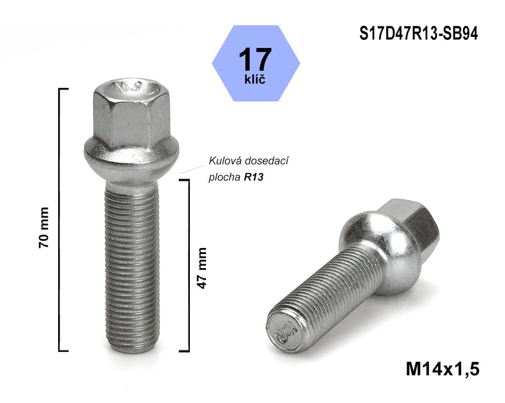 Kolový šroub M14x1,5x47 kulový R13, klíč 17, S17D47R13-SB94, výška 70 mm