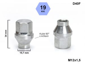 Kolová matice M12x1,5 kužel s krčkem 15,7 mm, výška 34 mm, D40F